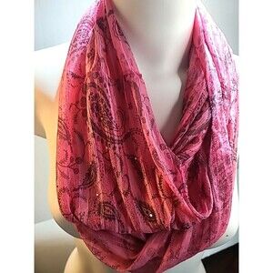 Vintage  Sheer Polyester Infinity Scarf 29" Pink Floral  Paisley Silver Dots